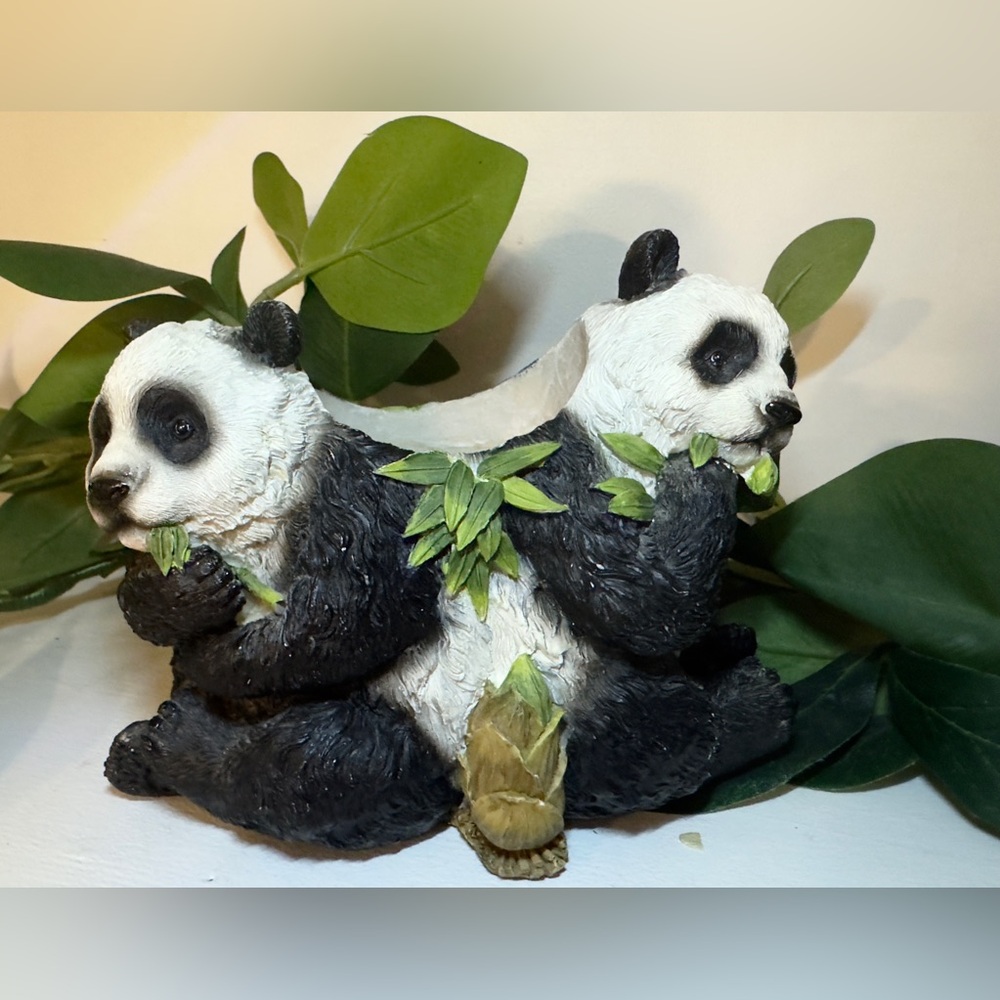 Panda Garden Resin Planter/Vase Black With Two Pandas & Bamboo